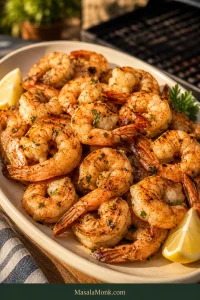 Platter piled with large grilled shrimp with lightly charred edges, lemon wedges and a small amount of parsley on a warm outdoor table.