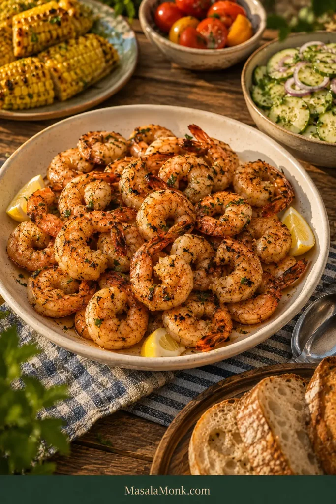 Large platter of grilled shrimp with lemon surrounded by grilled corn, tomatoes, cucumber salad and sliced crusty bread on an outdoor summer table.