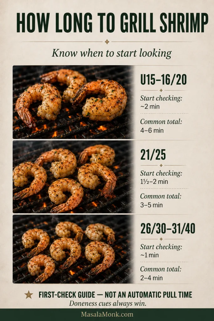 Grilled shrimp timing guide showing first-check and common total cooking ranges for U15 to 16/20, 21/25, and 26/30 to 31/40 shrimp.