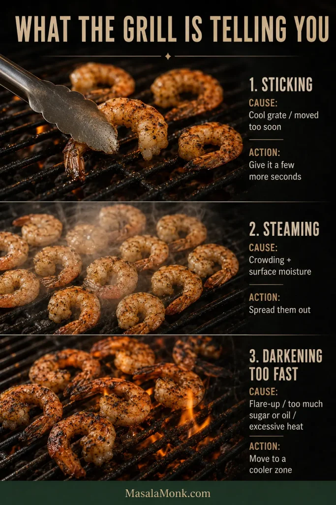 Three-part grill troubleshooting image showing shrimp sticking to grates, crowded shrimp steaming and shrimp darkening too quickly near stronger heat.