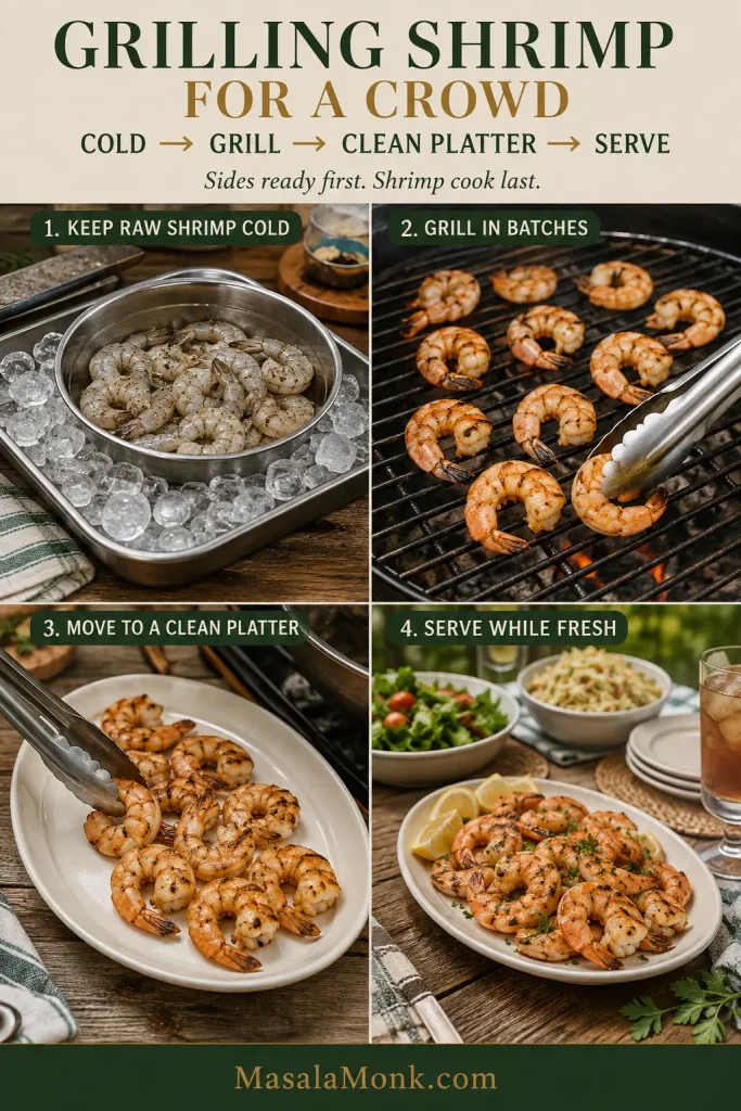 Four-step crowd-grilling guide showing raw shrimp kept in a dry metal container nested over ice, shrimp grilled in batches, cooked shrimp moved to a clean platter and the finished platter served fresh.