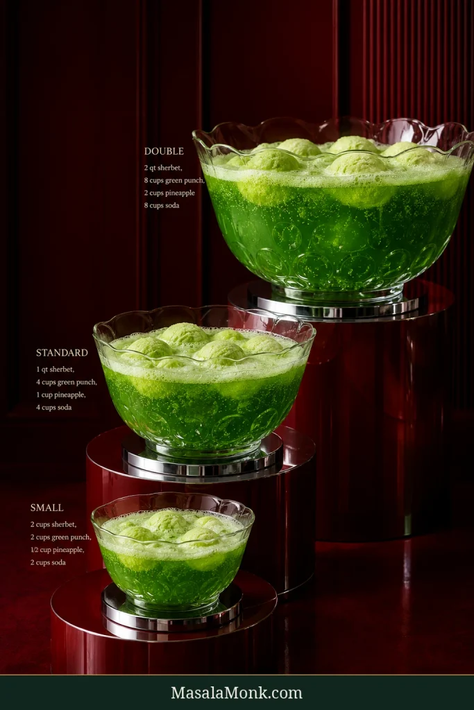 Three increasingly large bowls of green sherbet punch labeled Small, Standard and Double, with corresponding scaled ingredient quantities.