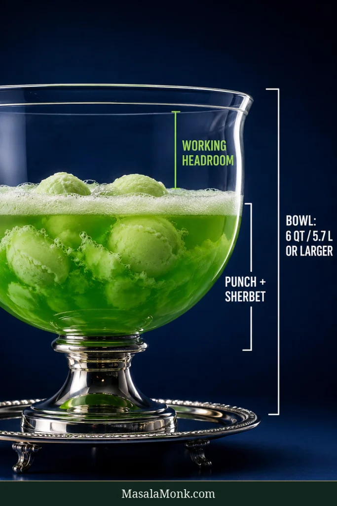 Side view of a clear punch bowl with green punch and lime sherbet. Brackets mark Punch + Sherbet, Working Headroom and Bowl: 6 qt / 5.7 L or Larger.