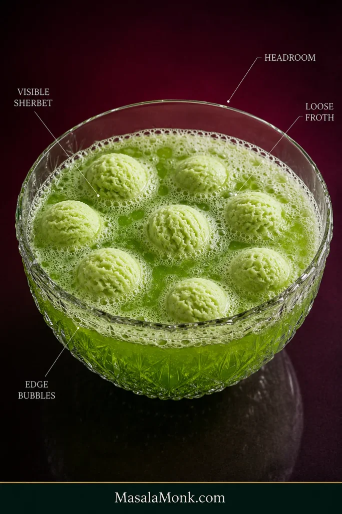 Overhead view of green sherbet punch with labels pointing to Visible Sherbet, Loose Froth, Edge Bubbles and Headroom.