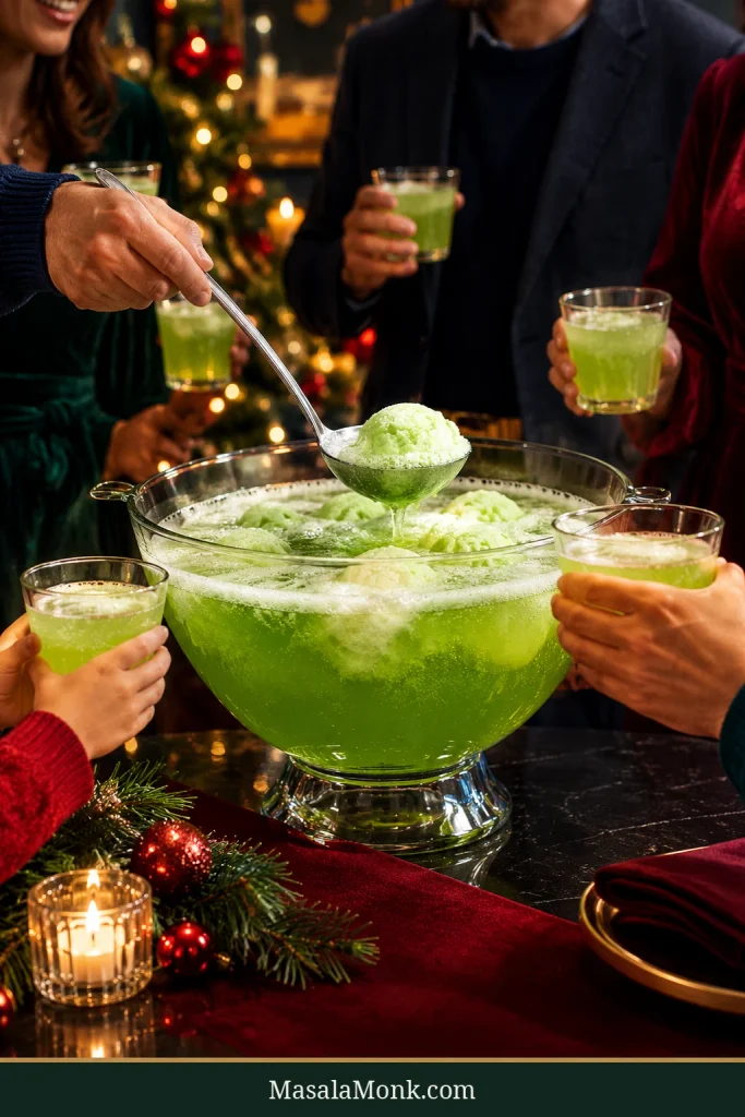 Guests gathered around a large crystal bowl of green fizzy punch with visible lime sherbet scoops. A ladle lifts sherbet and punch while several people hold ordinary clear punch cups in a warmly lit Christmas room.