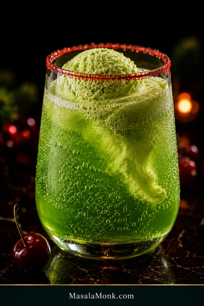 Close-up of a clear glass of green fizzy punch with a pale lime sherbet scoop softening into the drink, rising bubbles, condensation and a red sugar rim.