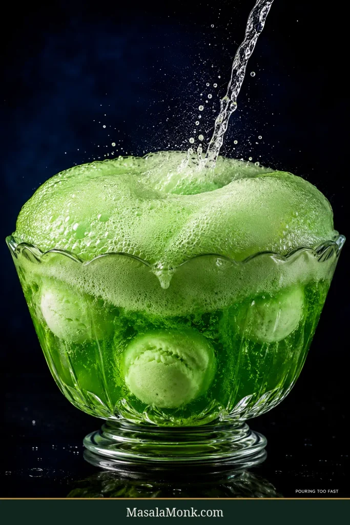Green sherbet punch foaming rapidly above the rim of a clear punch bowl as a stream of soda pours into it.
