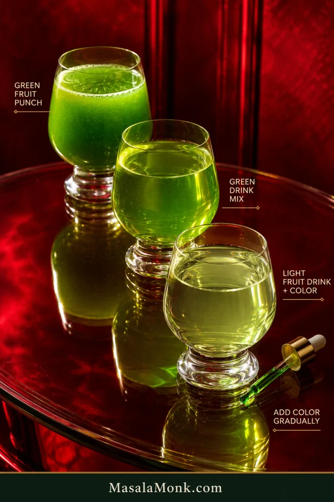 Three clear glasses contain different green drink bases labeled Green Fruit Punch, Green Drink Mix and Light Fruit Drink + Color, with a green dropper labeled Add Color Gradually.