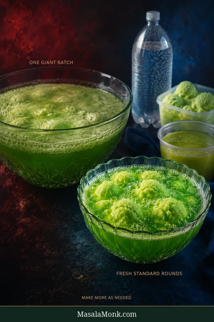 Large bowl of older green punch with softened sherbet beside a smaller fresh bowl with distinct sherbet scoops and bubbles; unbranded soda, reserved sherbet and chilled fruit base sit behind it.