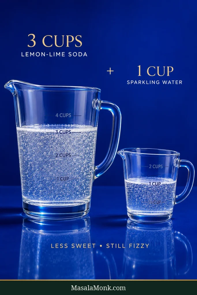 Two clear measuring vessels of carbonated liquid on a blue background. The larger is filled to the 3-cup mark and labeled Lemon-Lime Soda; the smaller is filled to 1 cup and labeled Sparkling Water.