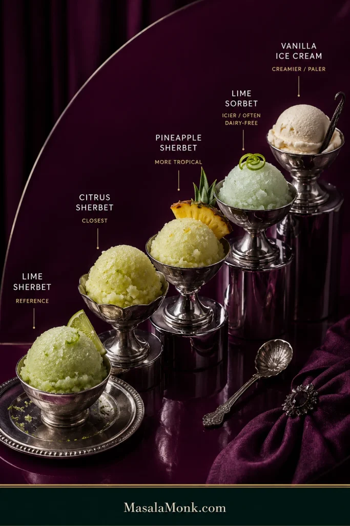 Five frozen-dessert scoops labeled Lime Sherbet, Citrus Sherbet, Pineapple Sherbet, Lime Sorbet and Vanilla Ice Cream, showing different colors and textures in silver dishes.