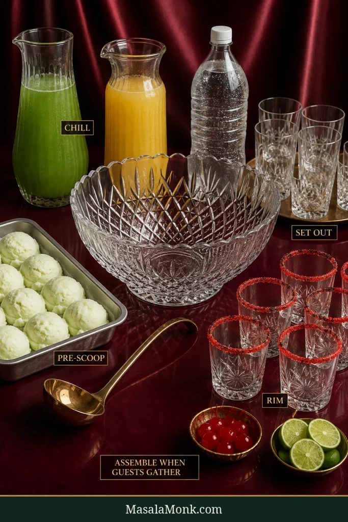 Empty crystal punch bowl surrounded by chilled green fruit punch, pineapple juice, unbranded soda, pre-scooped lime sherbet, glasses, red-sugar-rimmed glasses and a ladle. Labels mark Chill, Pre-Scoop, Set Out, Rim and Assemble When Guests Gather.