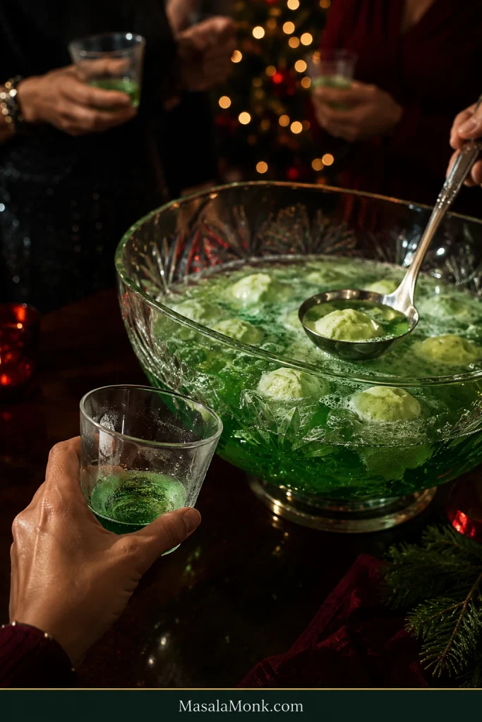 Hand holding a nearly empty glass of green punch beside a partially served crystal punch bowl with softened lime sherbet, bubbles and froth while a silver ladle lifts another scoop.