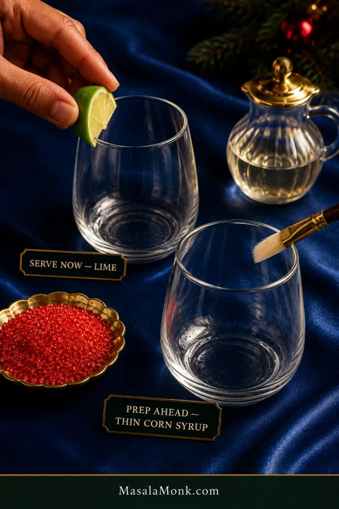 Two empty glasses demonstrating red sugar rims: a hand rubs lime around one rim labeled Serve Now — Lime, while the other is labeled Prep Ahead — Thin Corn Syrup beside red sanding sugar.