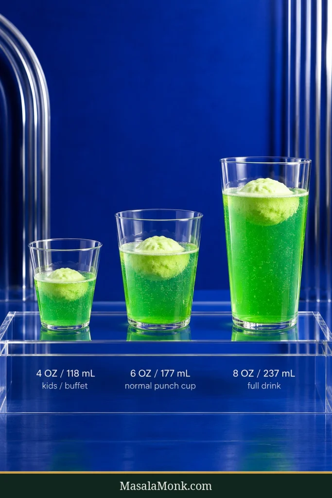 Three clear glasses of green sherbet punch increase in size from left to right and are labeled 4 oz / 118 mL, 6 oz / 177 mL and 8 oz / 237 mL.