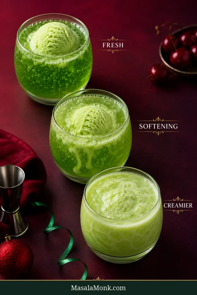 Three glasses labeled Fresh, Softening and Creamier show lime sherbet changing from a distinct scoop to partially melted ribbons and then a lighter, creamier green punch.
