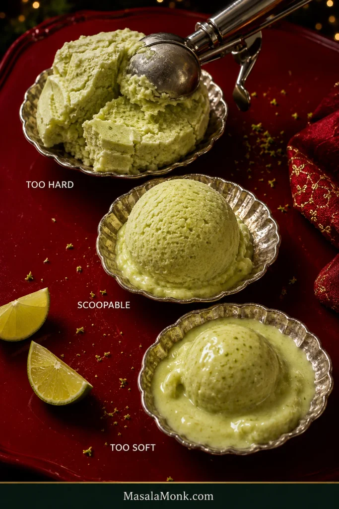 Three lime sherbet samples labeled Too Hard, Scoopable and Too Soft; the hard sample is fractured, the ideal scoop holds its shape, and the soft sample is beginning to melt.