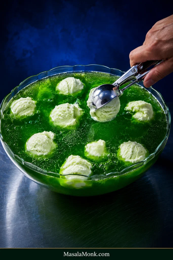 Hand placing a scoop of lime sherbet into a clear bowl of bright green punch, with several separate sherbet scoops distributed across the surface.