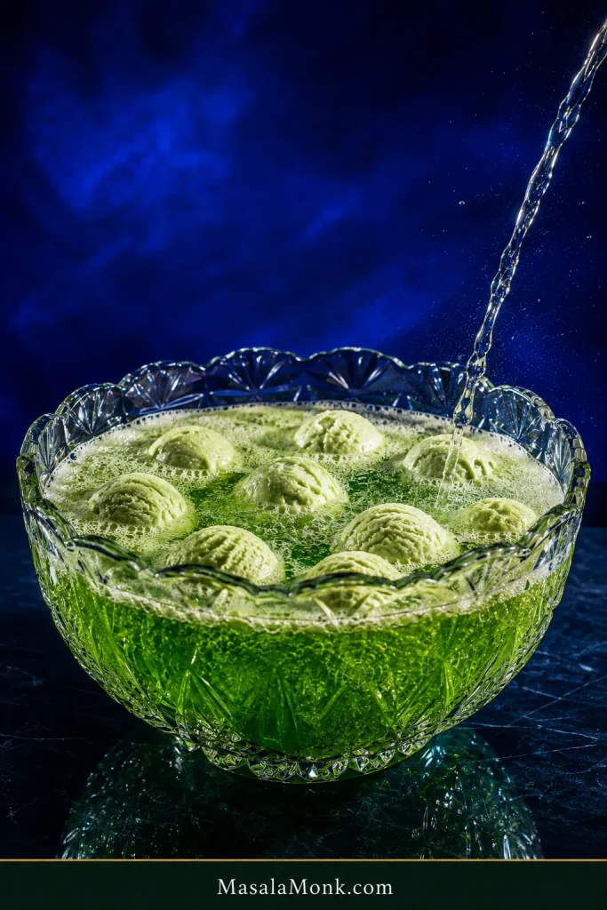 Thin stream of clear carbonated soda pouring near the edge of a glass bowl containing green punch and floating lime sherbet, with bubbles and light foam forming below the rim.