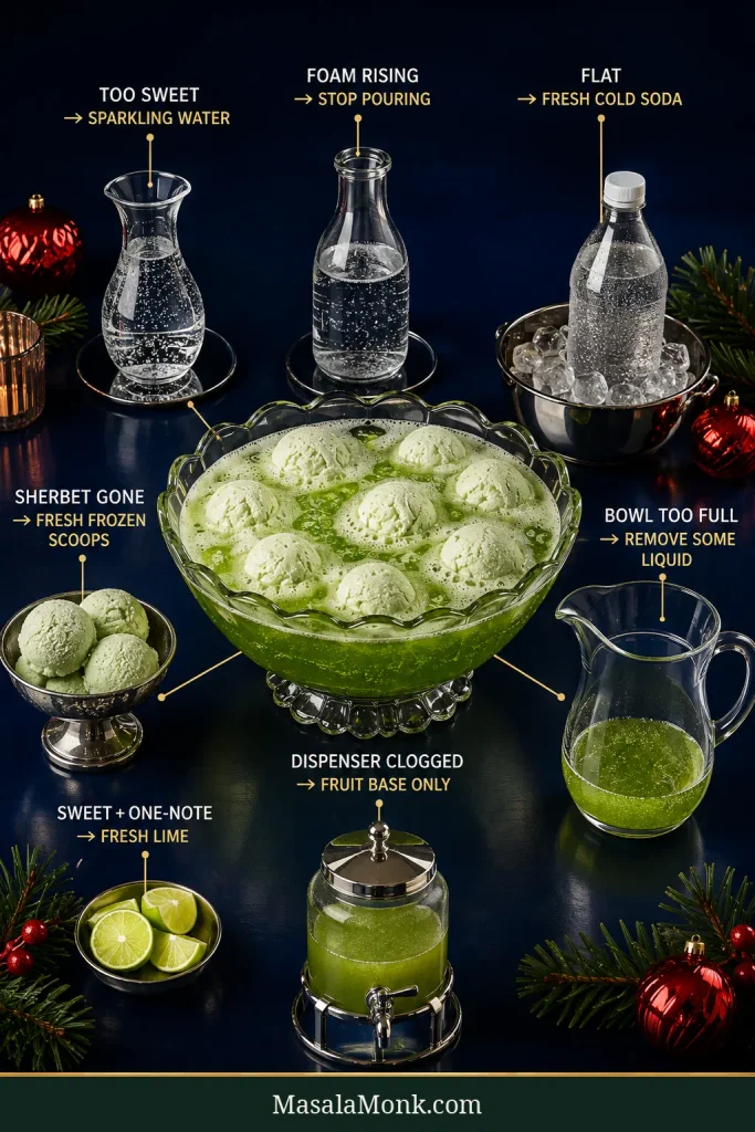 Visual troubleshooting board showing common Grinch Punch problems and quick fixes around a bowl of green sherbet punch.