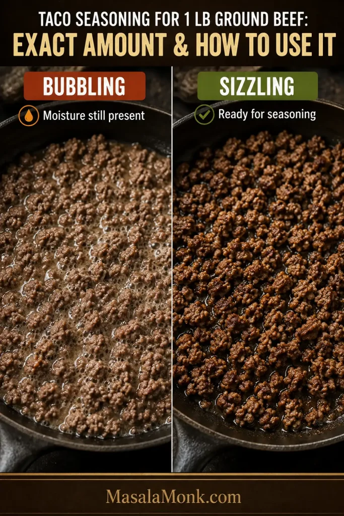 Side-by-side skillet comparison of ground beef bubbling in released moisture and browned beef sizzling after the liquid evaporates.