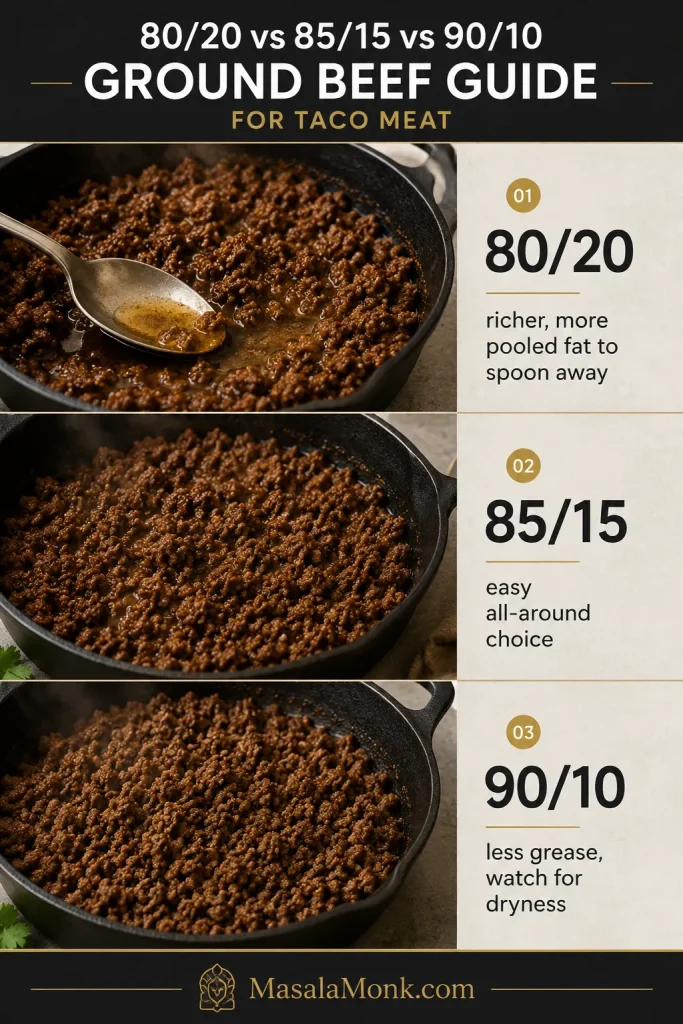 Comparison of cooked 80/20, 85/15, and 90/10 ground beef showing more rendered fat with fattier beef and less with leaner beef.