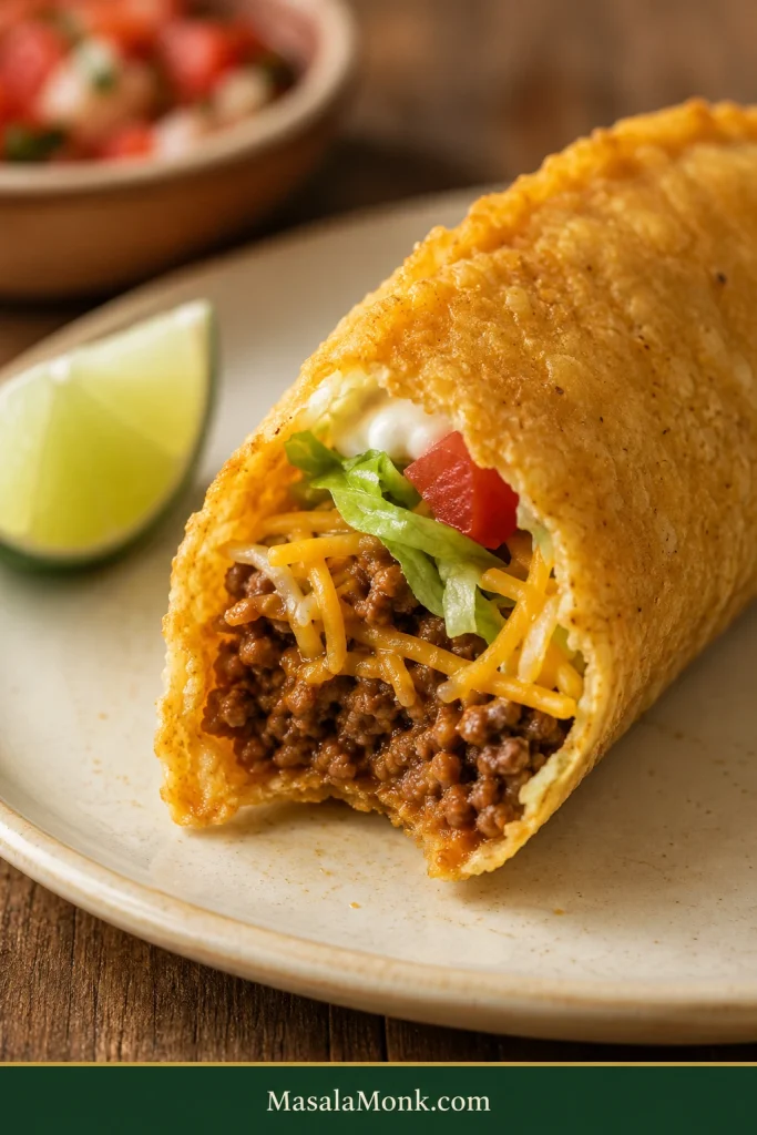 Close-up of a bitten crunchy taco showing browned ground beef, softened shredded cheese, lettuce, diced tomato and sour cream inside a golden crisp shell.