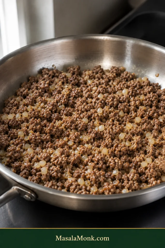 Ground beef cooked into small irregular crumbles with finely diced softened onion distributed throughout a stainless-steel skillet.