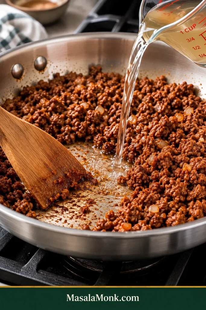Clear liquid being added to seasoned ground beef while a spatula scrapes browned residue from the exposed surface of a stainless-steel skillet.
