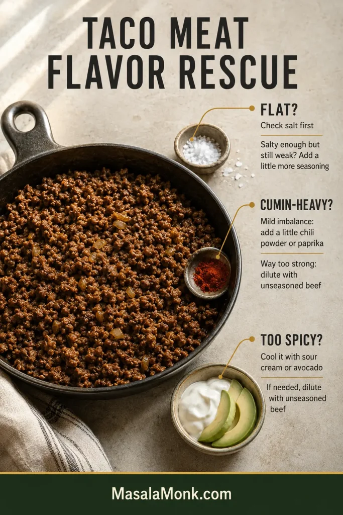 Taco-meat flavor guide showing finished ground beef with three callouts: flat flavor paired with salt, cumin-heavy flavor paired with balancing spices or unseasoned beef, and overly spicy meat paired with sour cream, avocado or dilution.