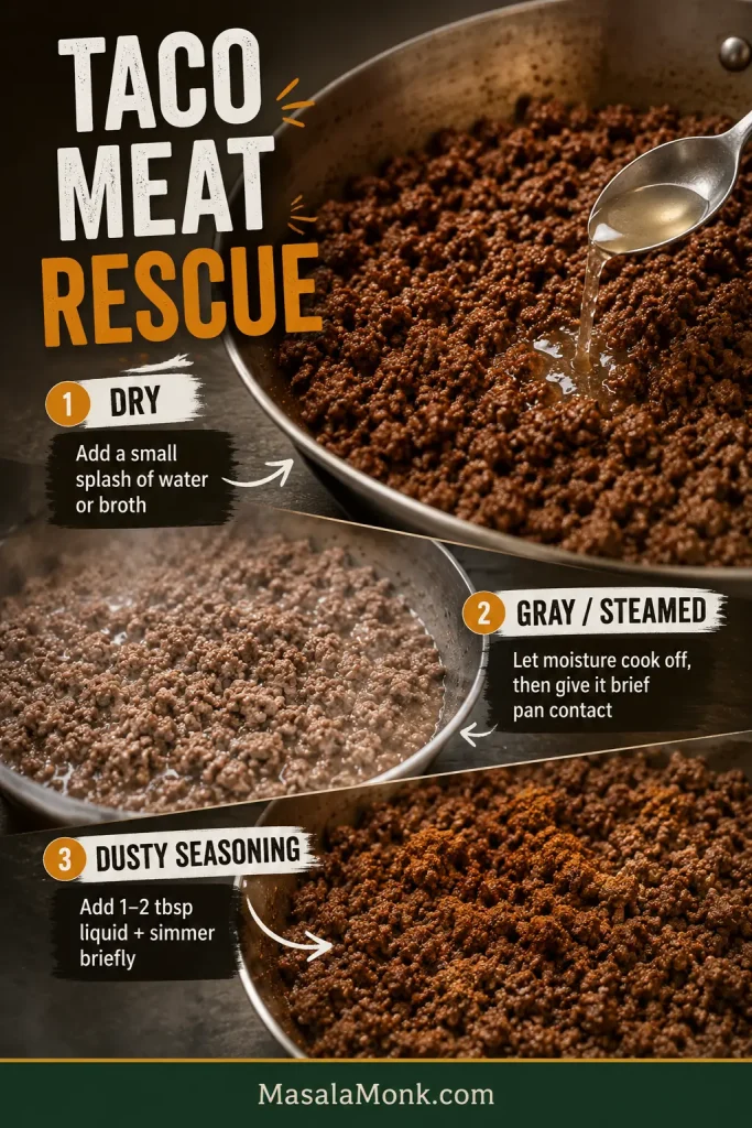 Taco-meat troubleshooting graphic showing dry browned beef receiving a small splash of liquid, pale gray beef with excess moisture, and cooked ground beef with visible dry seasoning on the surface.
