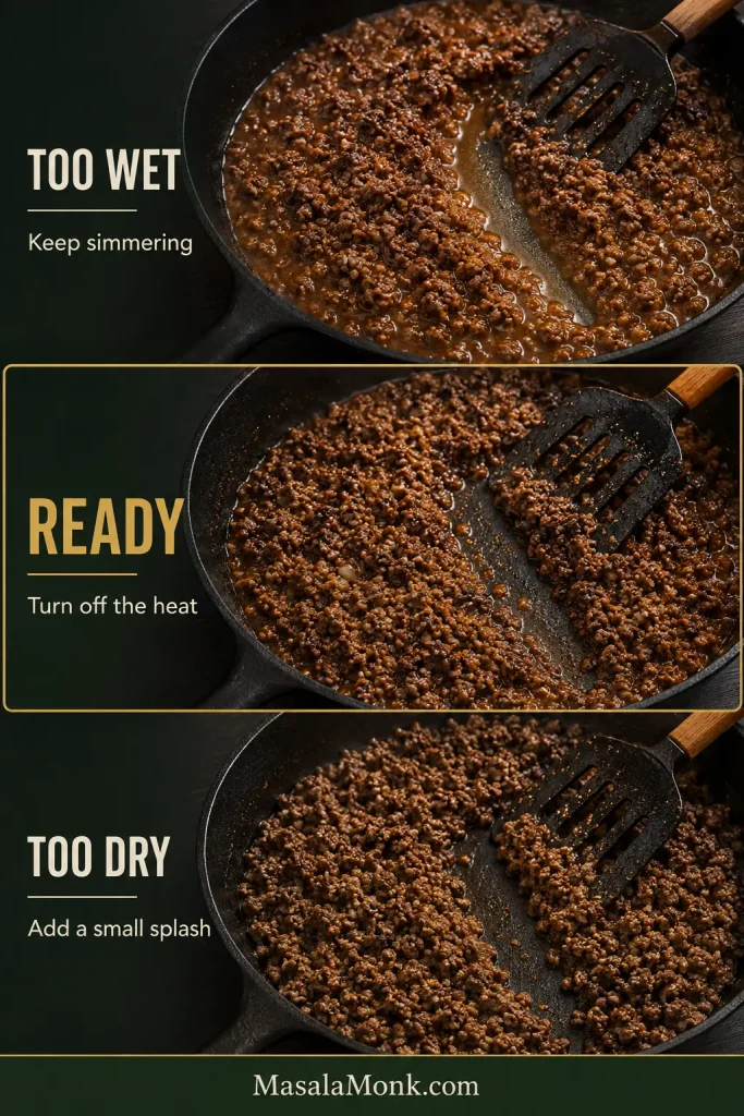 Three taco-meat states labeled Too Wet, Ready and Too Dry: loose liquid fills the spatula path in the wet version, the ready meat is glossy with a mostly clear trail, and the dry version appears matte.