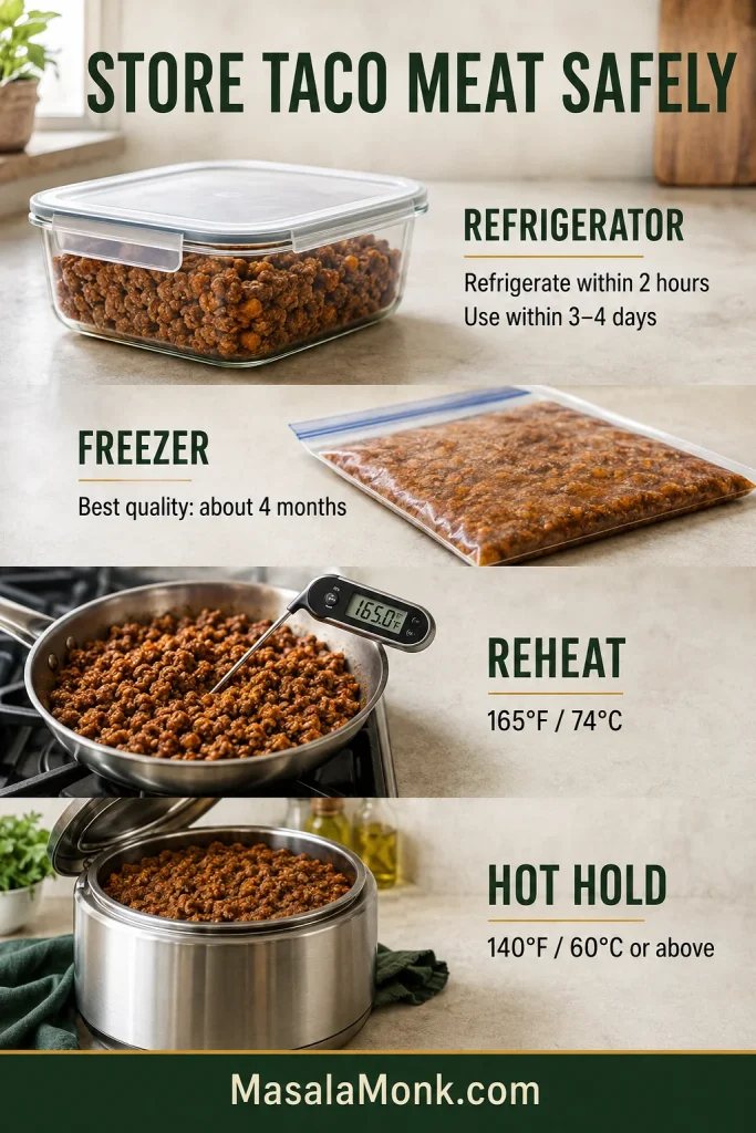 Food-storage guide showing cooked taco meat in a covered refrigerator container and freezer bag, a skillet with a thermometer reading 165°F, and a hot-holding vessel, alongside refrigerator, freezer, reheating and hot-holding guidance.