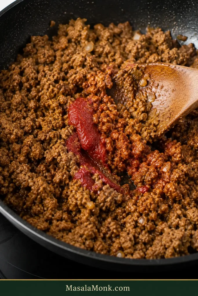 Seasoned ground beef in a skillet with tomato paste being stirred through the crumbles, showing both visible red streaks and darker paste already incorporated into the meat.