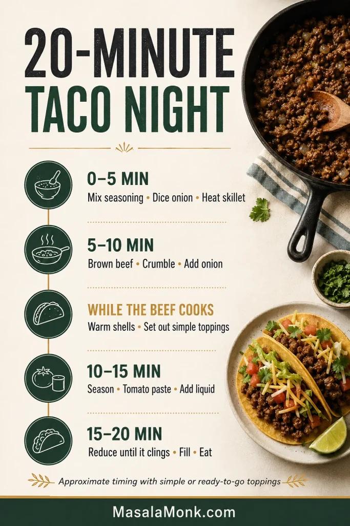 Vertical 20-minute taco-night timeline showing ingredient prep, browning and crumbling ground beef, warming taco shells and preparing toppings, then seasoning, adding tomato paste and liquid, reducing the meat and assembling tacos.