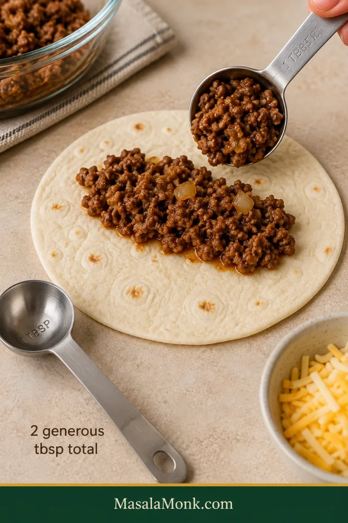 Small flour tortilla receiving browned ground beef from a tablespoon measure, with the graphic indicating two generous tablespoons of taco meat.