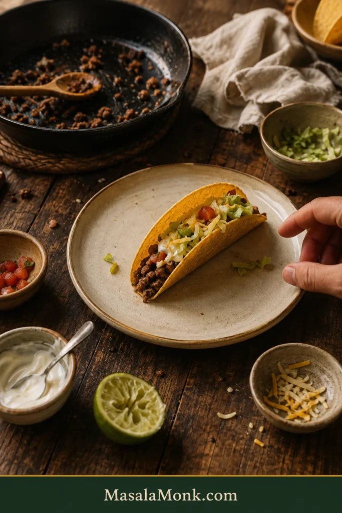 End-of-meal taco table with one crunchy ground beef taco remaining on a plate, an almost empty skillet with a few beef crumbles, nearly empty topping bowls, a squeezed lime half and a hand reaching toward the final taco.
