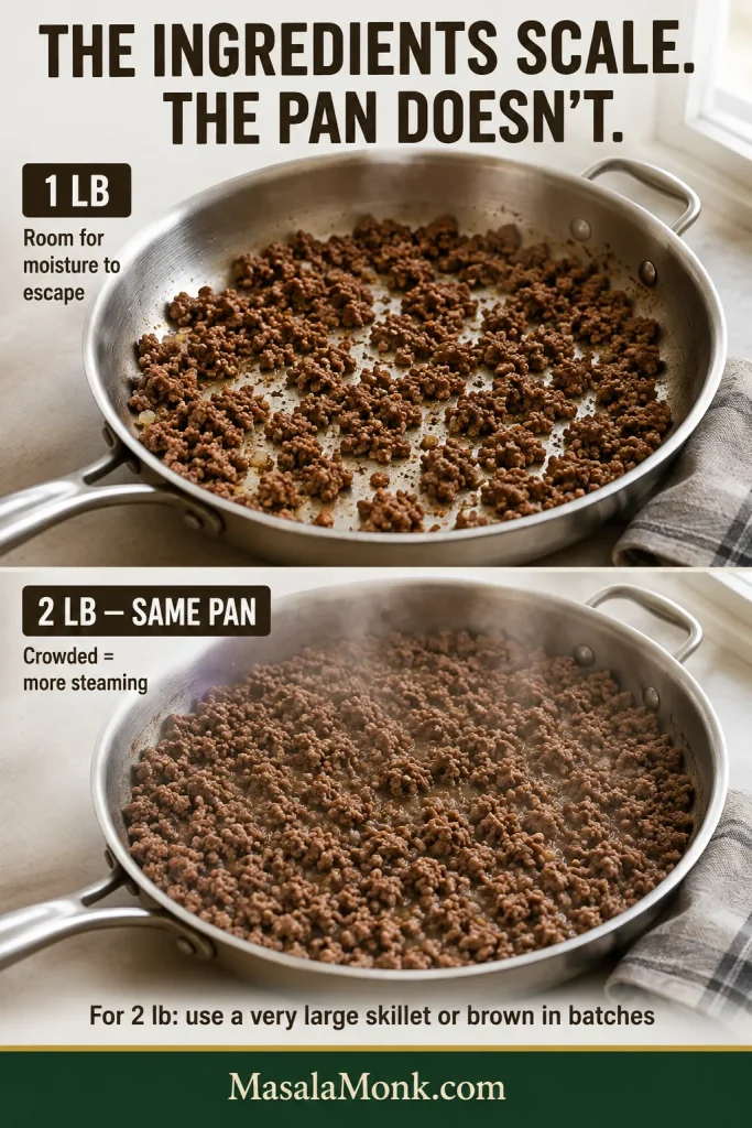 Comparison of one pound of ground beef cooking with exposed skillet space and browned areas versus two pounds crowded into the same-size pan with more moisture and steam.