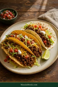 Three ground beef tacos on a ceramic plate: two golden crunchy shells and one soft flour tortilla filled with browned ground beef, shredded cheese, lettuce, diced tomato, onion and sour cream, with a lime wedge alongside.