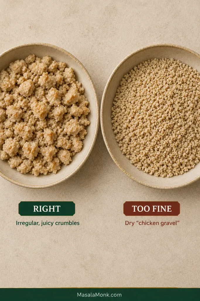 Comparison of moist, irregular ground chicken crumbles labeled “Right” beside much finer, drier chicken labeled “Too Fine” and “Dry chicken gravel.”