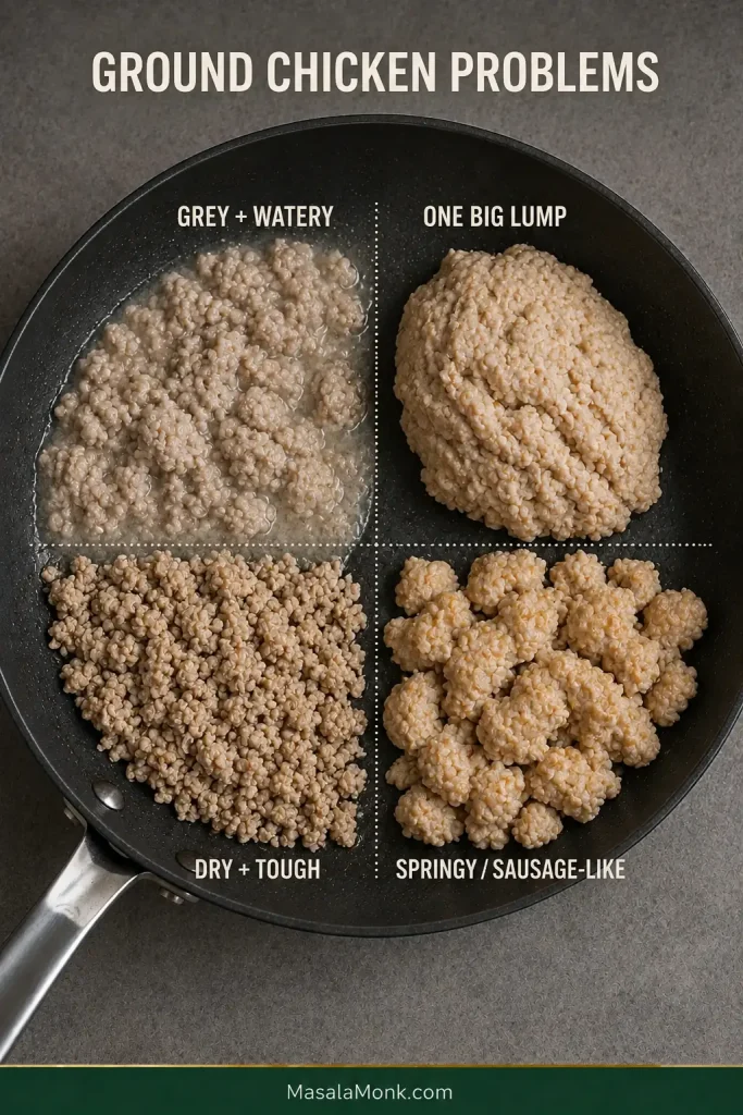 Four ground chicken problem states: grey and watery chicken in released liquid, chicken stuck in one large lump, tiny dry and tough crumbles, and larger dense springy sausage-like pieces.