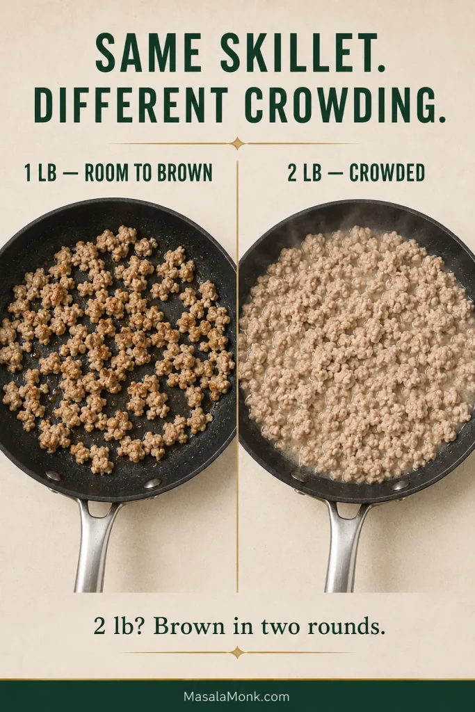 Same-size skillets comparing 1 pound of ground chicken spread out with bare pan visible against 2 pounds crowded together in released moisture; text advises browning 2 pounds in two rounds.