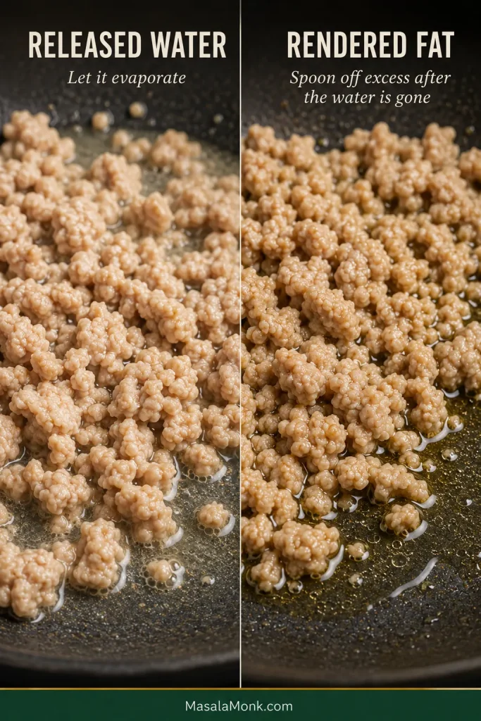 Close comparison of ground chicken in thin released cooking water on one side and a clearer golden pool of rendered fat on the other.