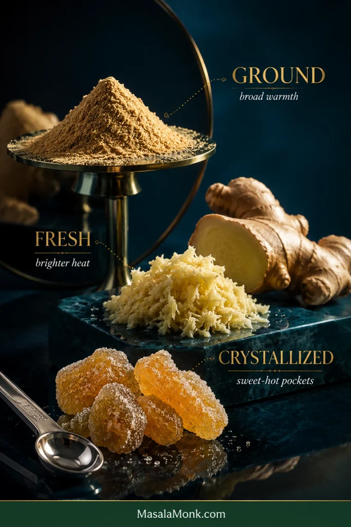 Ground ginger powder, grated fresh ginger and chopped crystallized ginger displayed together on a dark surface.