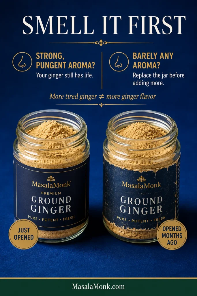 Fresh and older ground ginger shown in an aroma comparison with open spice containers.