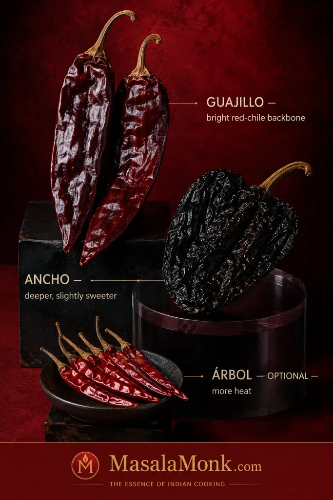 Three dried chiles used for pork tamales: long red guajillo, broad dark ancho, and small thin chile de árbol, with labels describing their roles.