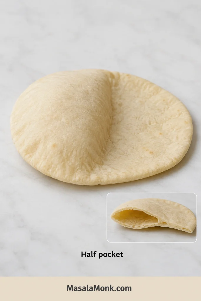 Pita with one side inflated and the other side flat, plus a cut view showing partial internal separation.