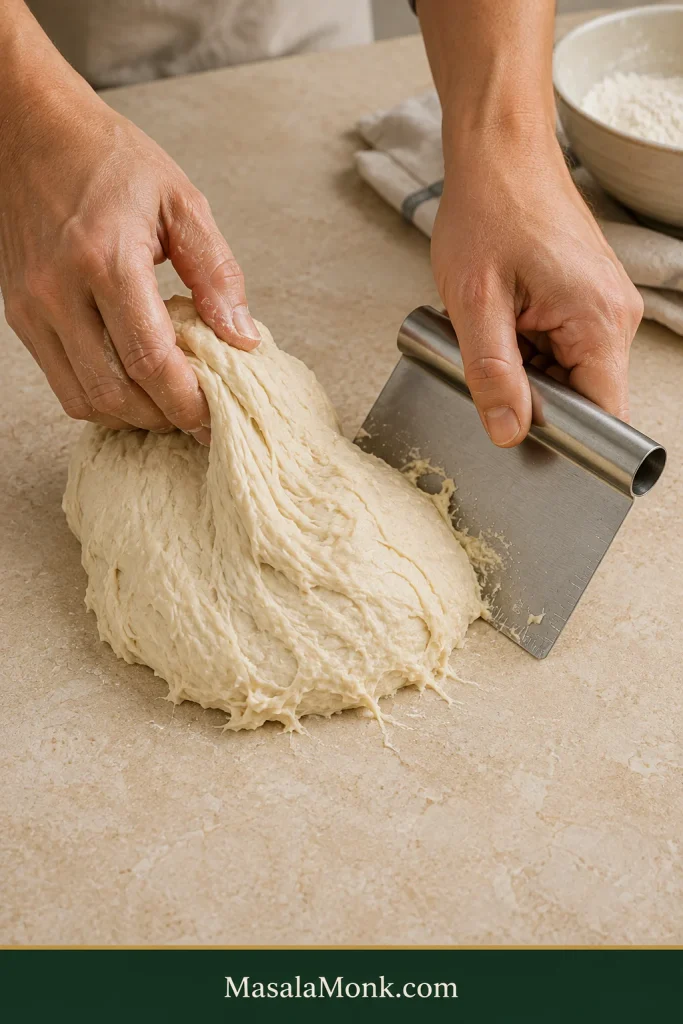 Hands kneading soft, tacky dinner roll dough on a stone counter while a metal bench scraper gathers dough from the surface.