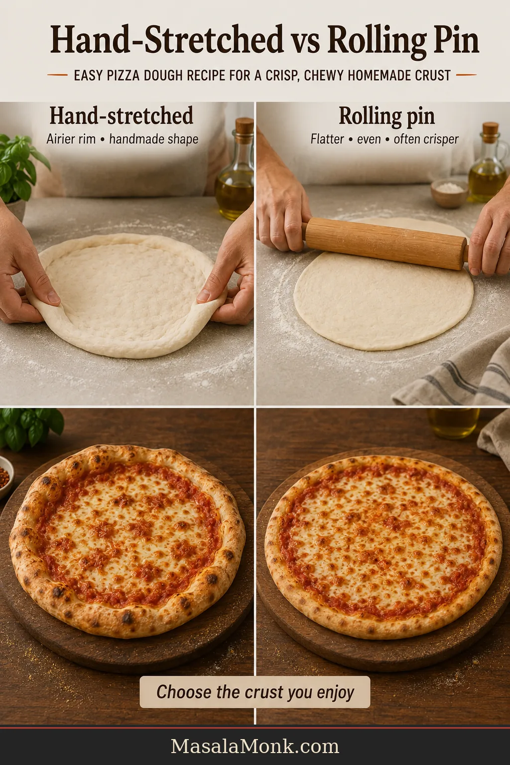 Hand-stretched pizza with a fuller irregular rim compared with rolling-pin pizza that has a flatter, more even crust.