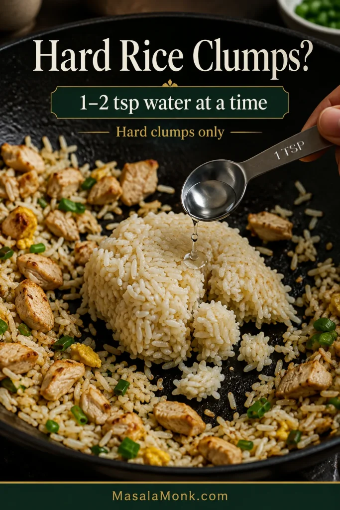 A measuring spoon adding a small amount of water directly to a hard chilled rice clump in a skillet while the surrounding rice remains dry.